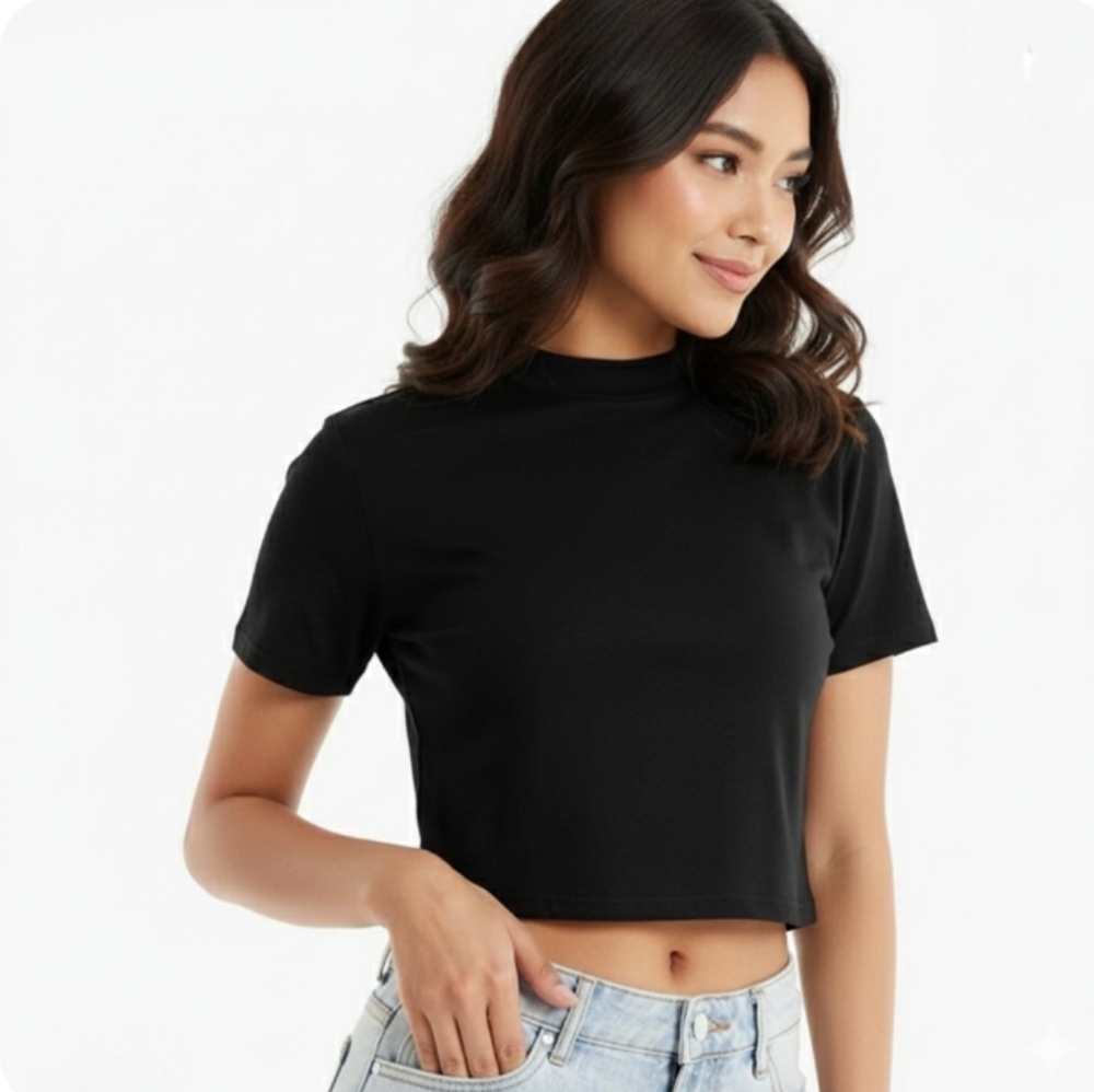 New Women's Short Sleeve Mock Crop Top T-Shirt- XS